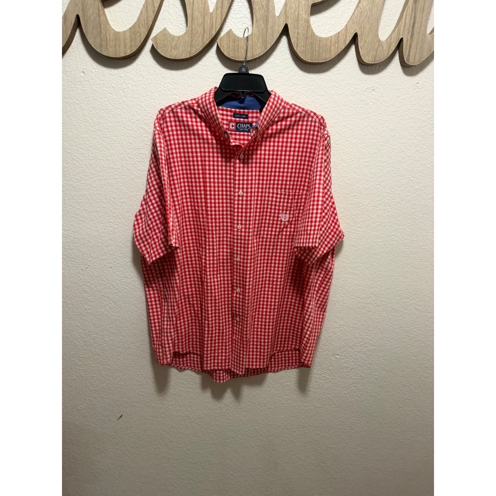 Chaps Mens Red White Gingham Short Sleeve Button Down Shirt XL Easy Care